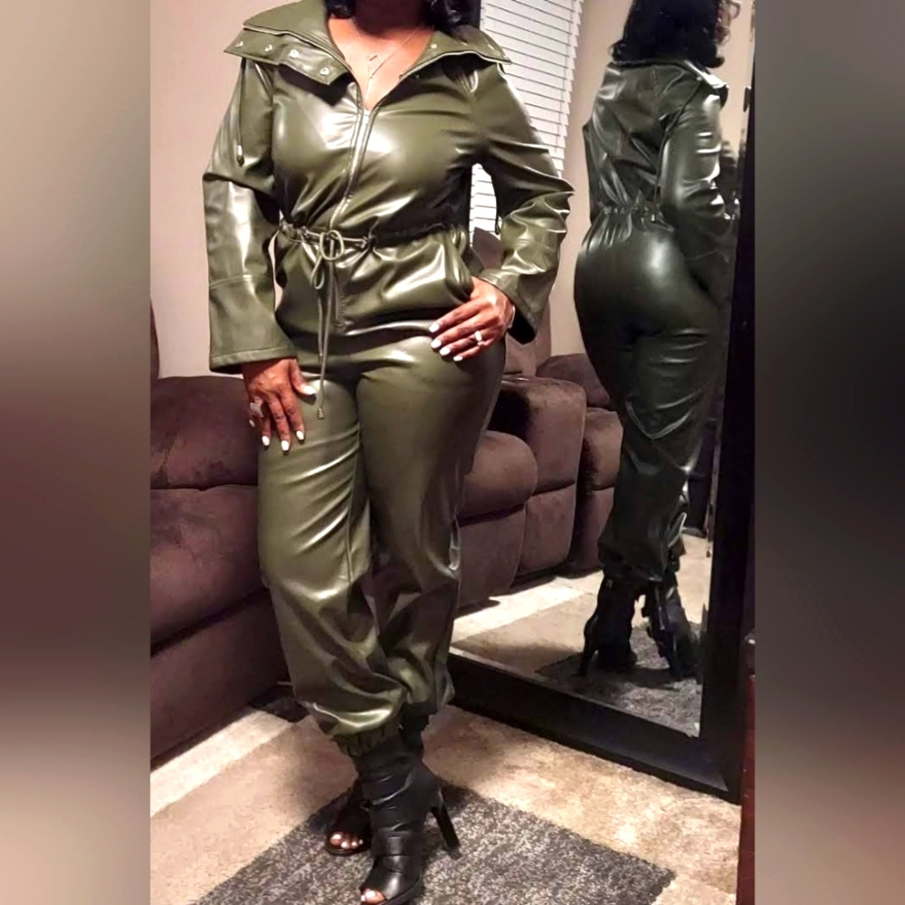 PU Leather Olive Jumpsuit